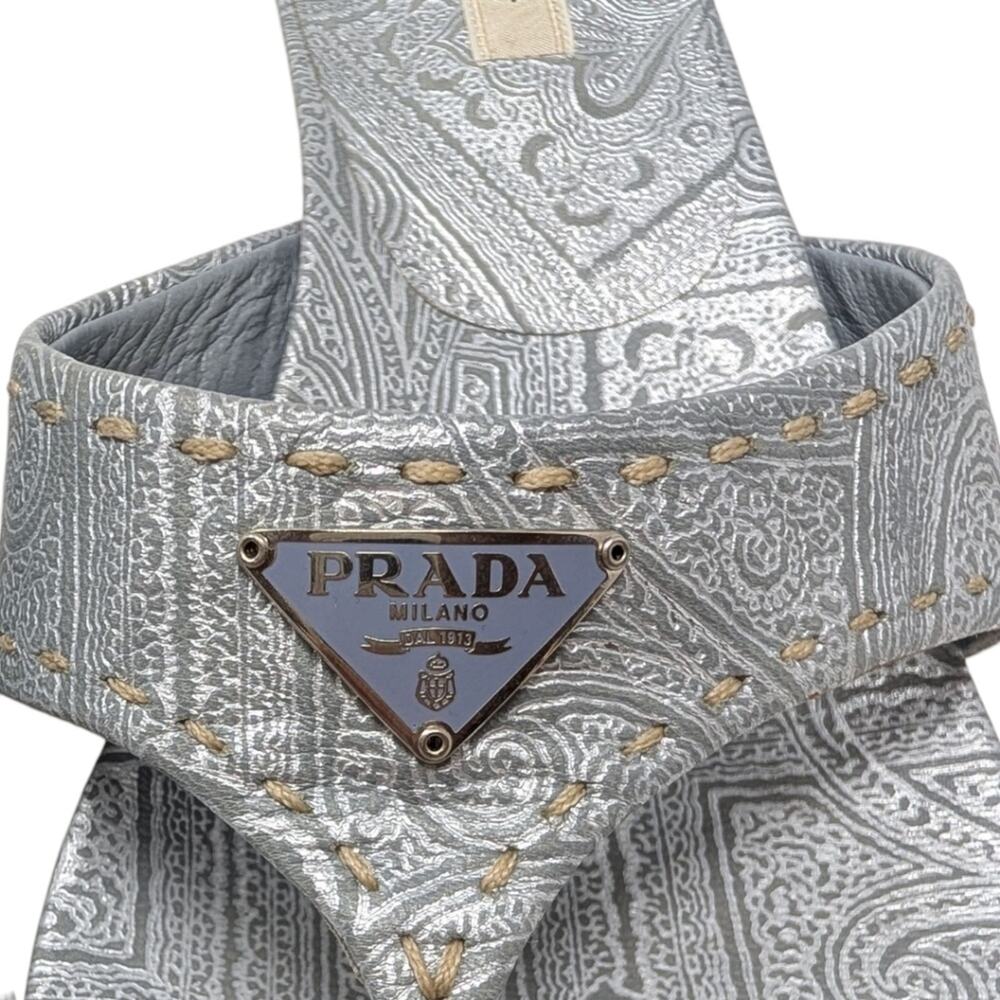 Vintage Prada Logo Kitten Heel Flip Flops Square Toe Sandal Mule Silver Blue 40 - Picture 7 of 13